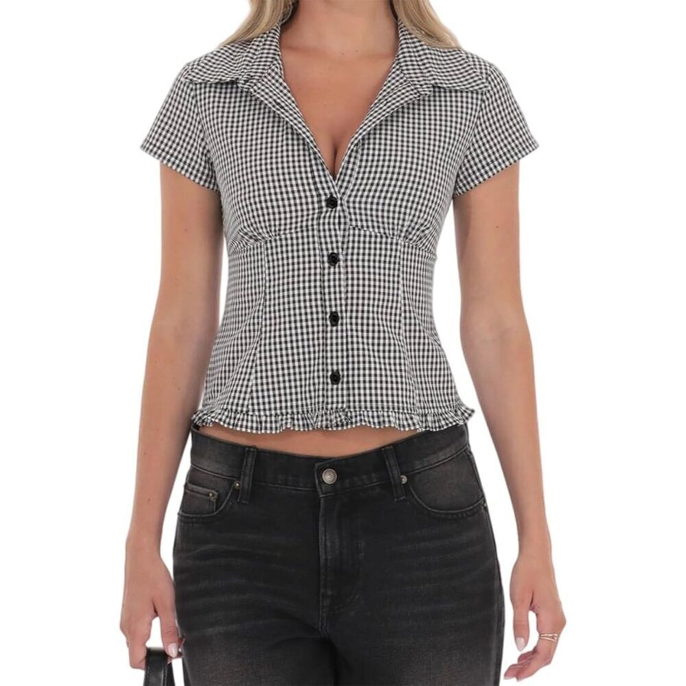 Women Y2K Plaid Short Sleeve Button Up Shirt V Neck Blouse Vintage Top